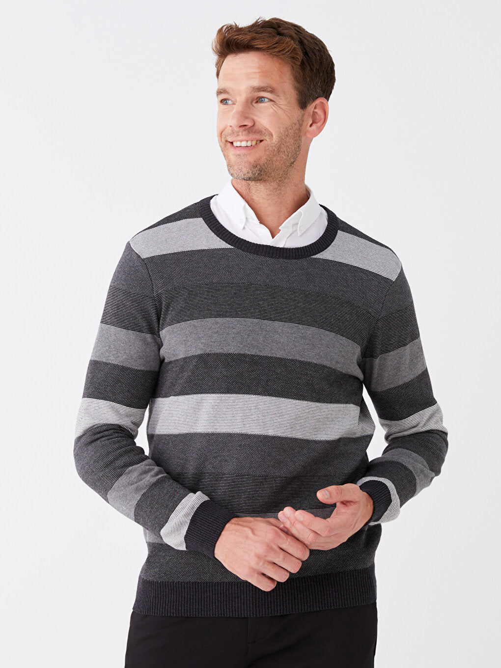 Crew Neck Long Sleeve Striped Men's Knitwear Sweater