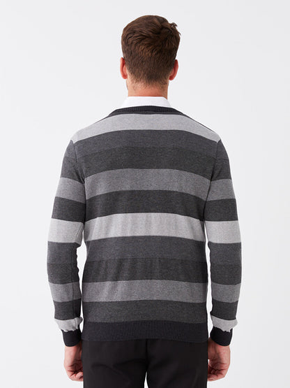 Crew Neck Long Sleeve Striped Men's Knitwear Sweater