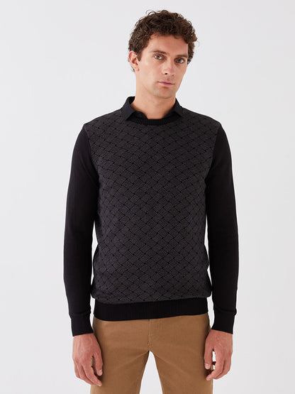 Crew Neck Long Sleeve Patterned Men's Knitwear Sweater