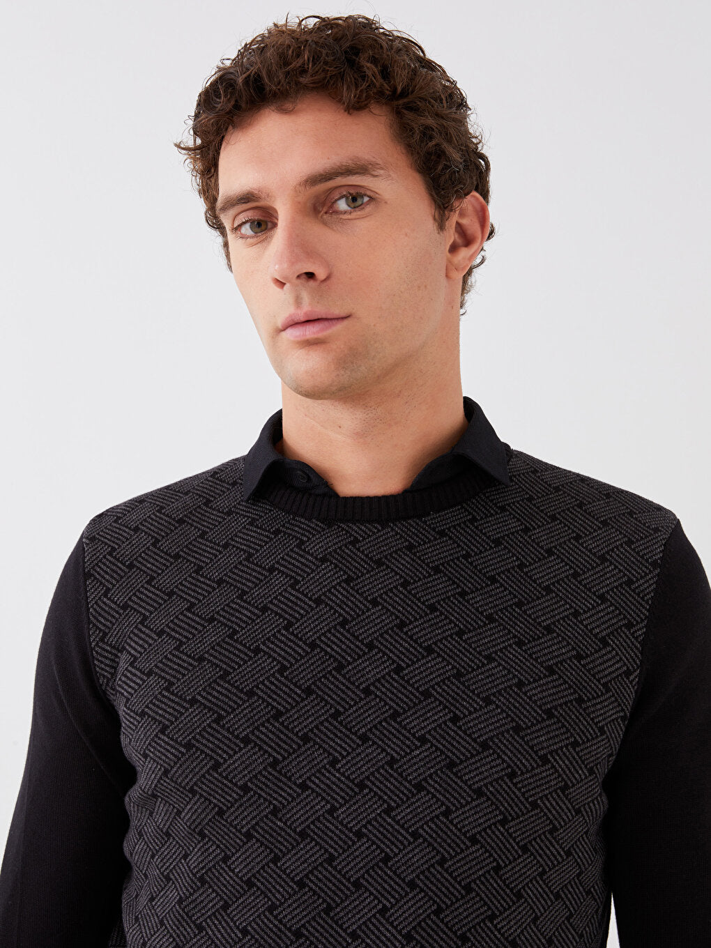 Crew Neck Long Sleeve Patterned Men's Knitwear Sweater