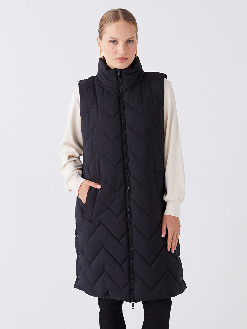 High Collar Self Patterned Women's Puffer Vest