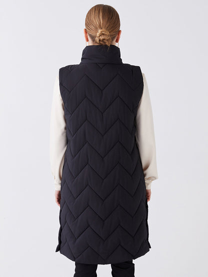 High Collar Self Patterned Women's Puffer Vest