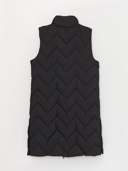 High Collar Self Patterned Women's Puffer Vest