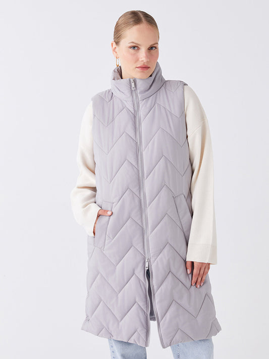 High Collar Self Patterned Women's Puffer Vest