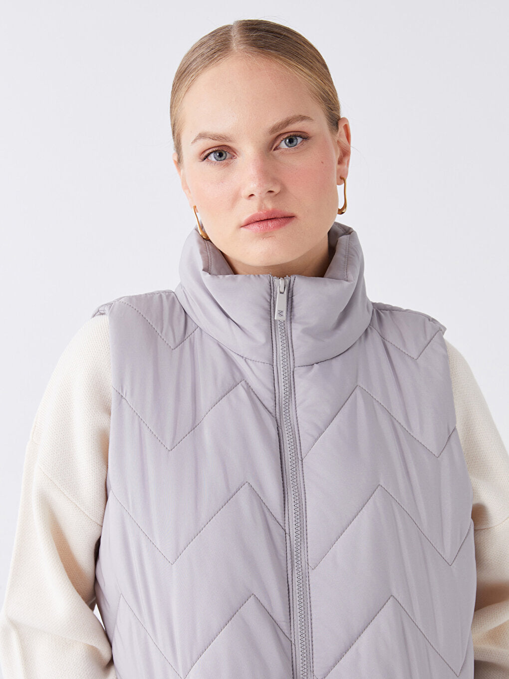 High Collar Self Patterned Women's Puffer Vest