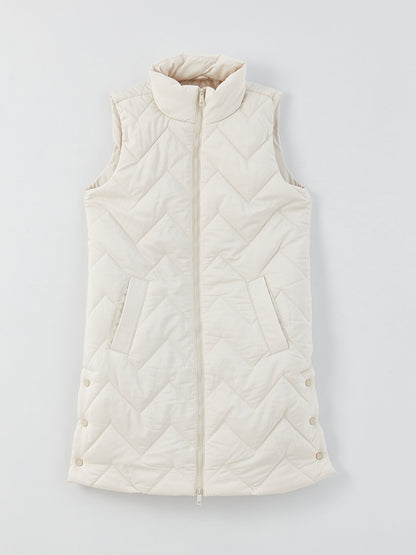 High Collar Self Patterned Women's Puffer Vest