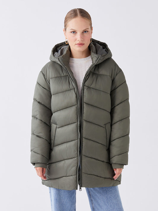 Hooded Plain Long Sleeve Oversize Women's Puffer Coat