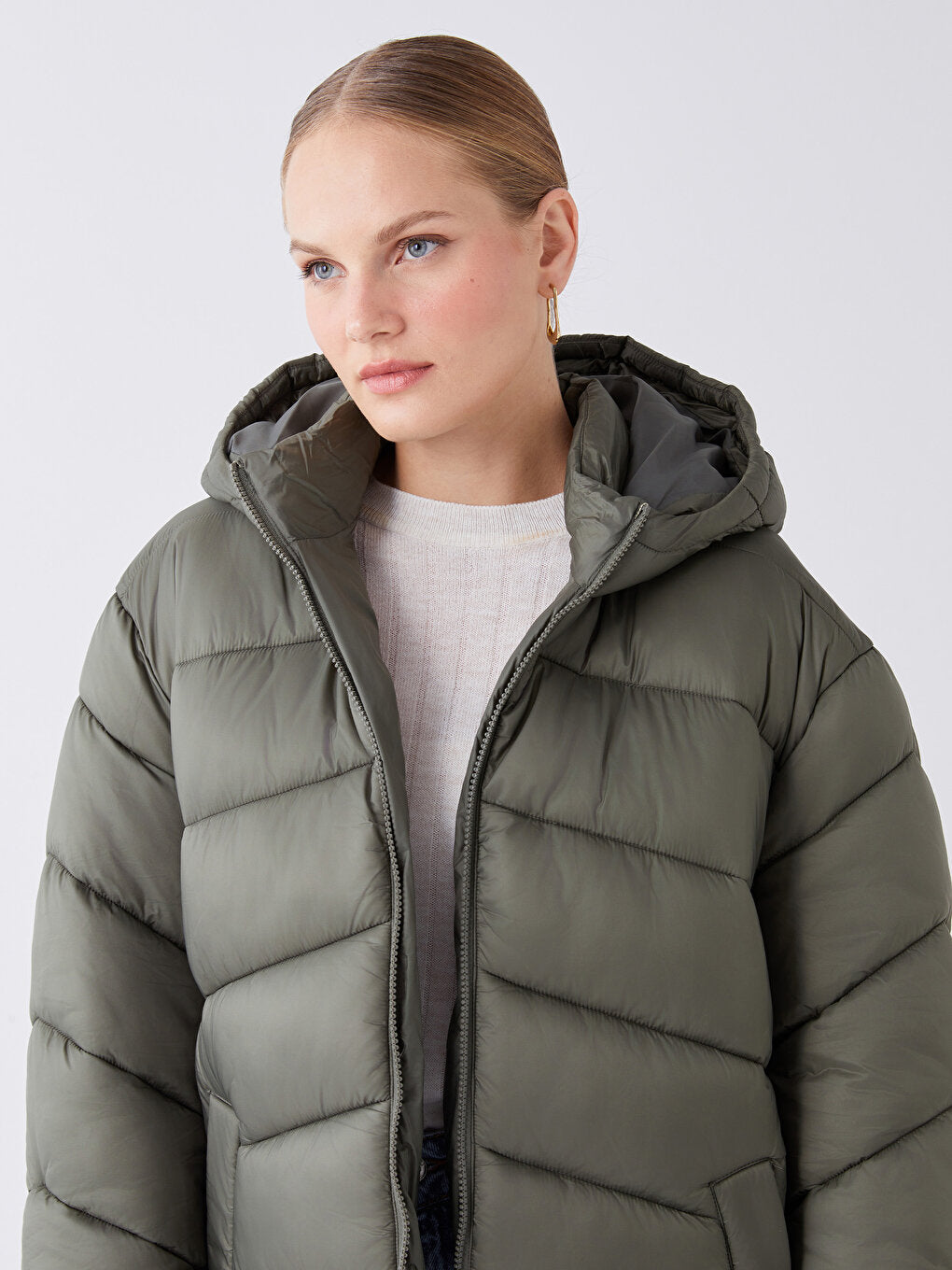 Hooded Plain Long Sleeve Oversize Women's Puffer Coat