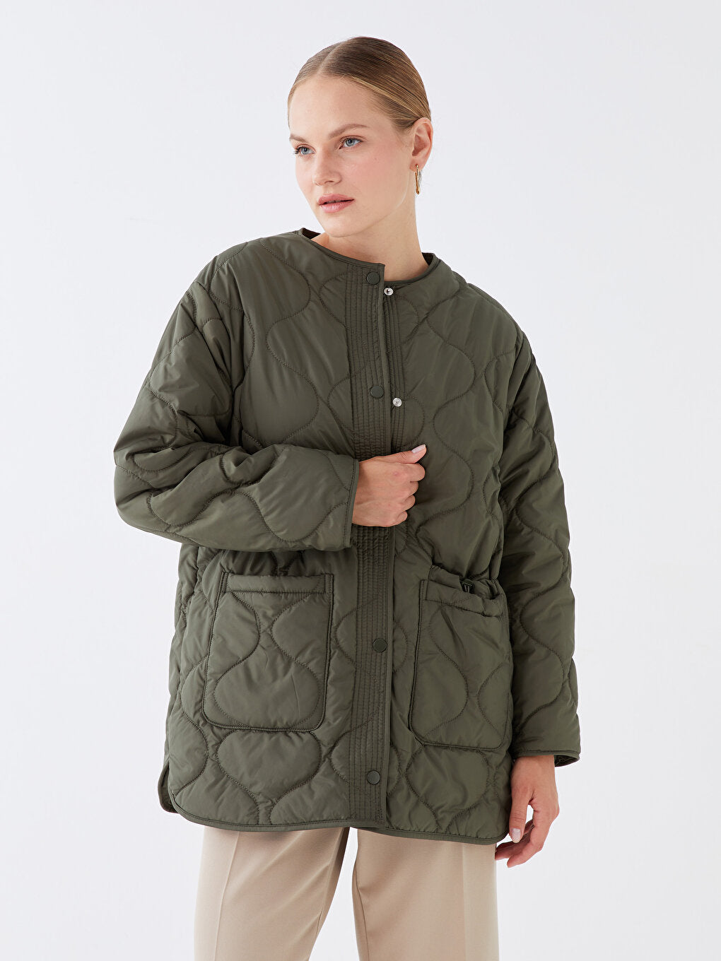 Crew Neck Self-Patterned Women's Puffer Coat