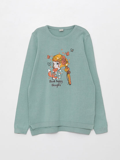 Crew Neck Printed Long Sleeve Girl's Knitwear Sweater