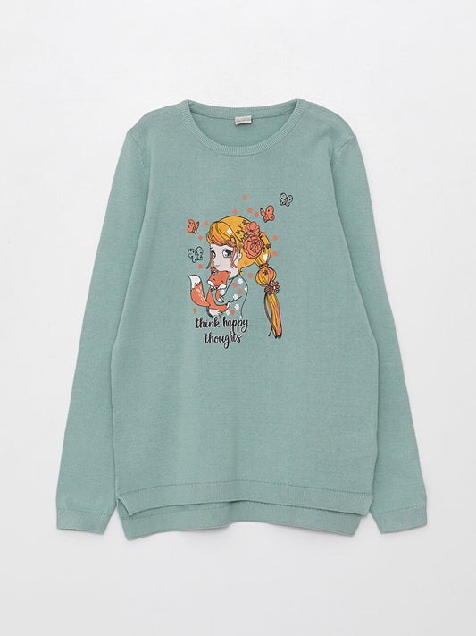 Crew Neck Printed Long Sleeve Girl's Knitwear Sweater