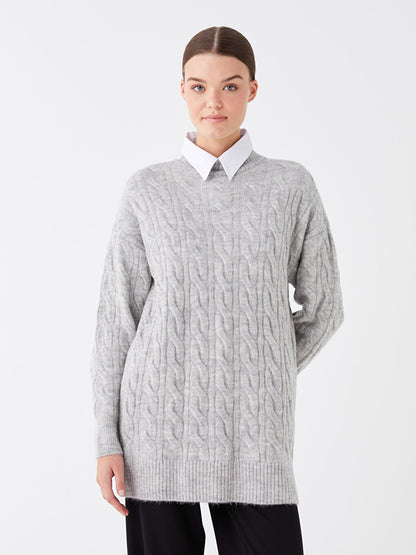 Half Turtleneck Self-Patterned Long Sleeve Women's Knitwear Tunic