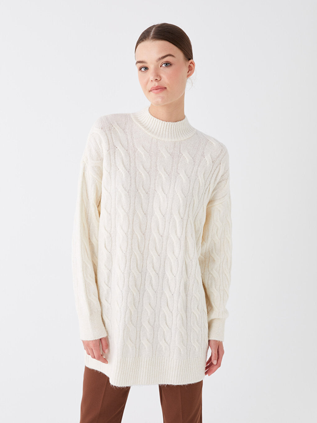 Half Turtleneck Self-Patterned Long Sleeve Women's Knitwear Tunic