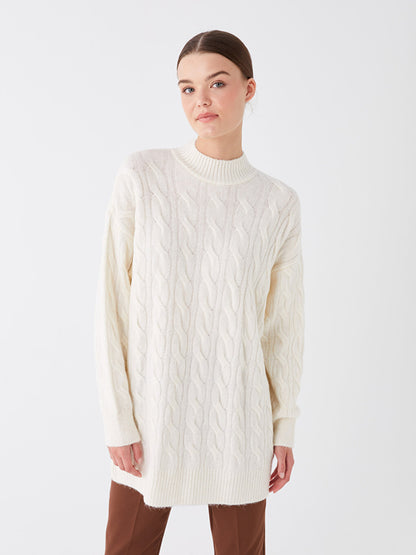 Half Turtleneck Self-Patterned Long Sleeve Women's Knitwear Tunic