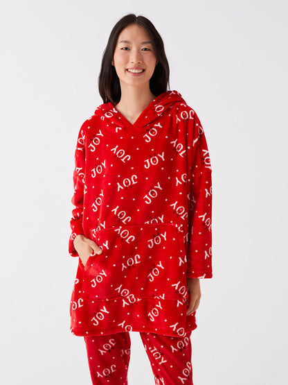 Hooded Christmas Themed Long Sleeve Women's Plush Pajama Top