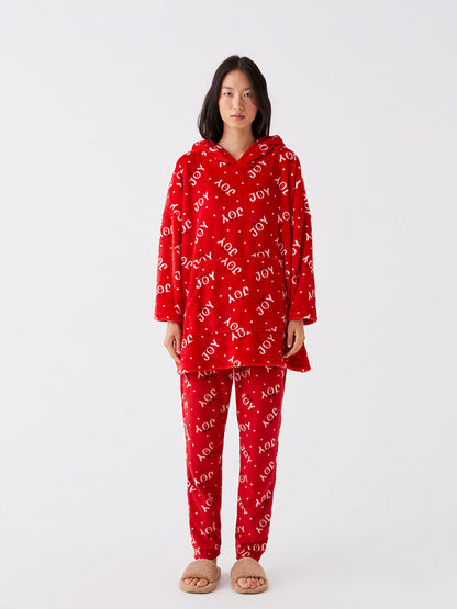 Hooded Christmas Themed Long Sleeve Women's Plush Pajama Top