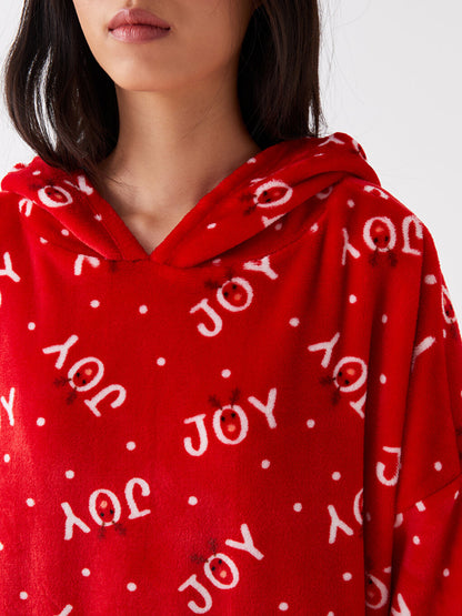 Hooded Christmas Themed Long Sleeve Women's Plush Pajama Top