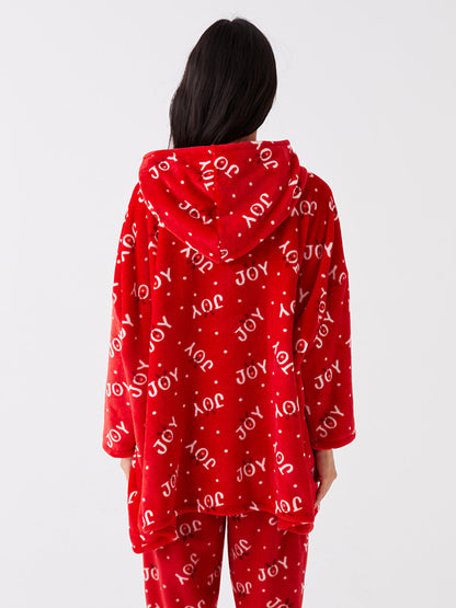 Hooded Christmas Themed Long Sleeve Women's Plush Pajama Top