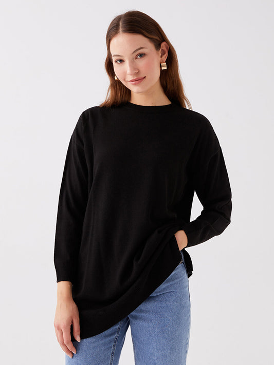 Crew Neck Plain Long Sleeve Women's Knitwear Tunic