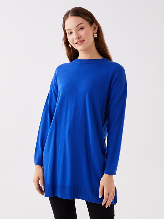 Crew Neck Plain Long Sleeve Women's Knitwear Tunic