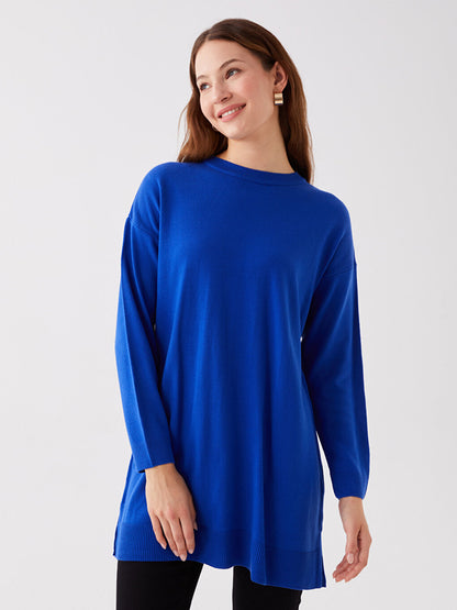 Crew Neck Plain Long Sleeve Women's Knitwear Tunic