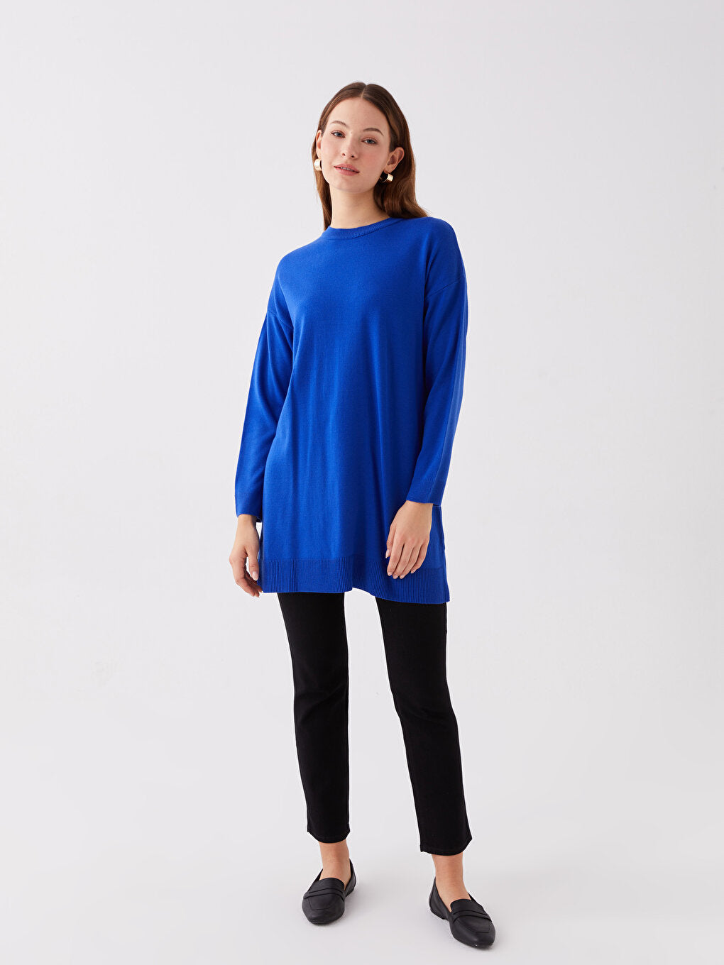 Crew Neck Plain Long Sleeve Women's Knitwear Tunic