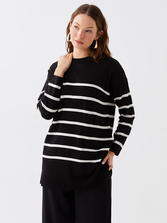 Crew Neck Striped Long Sleeve Oversize Women's Knitwear Tunic