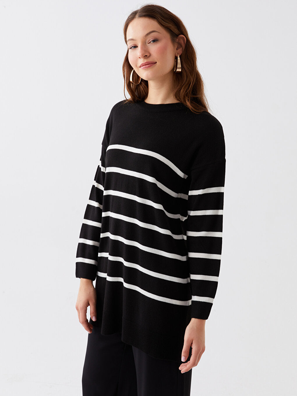 Crew Neck Striped Long Sleeve Oversize Women's Knitwear Tunic