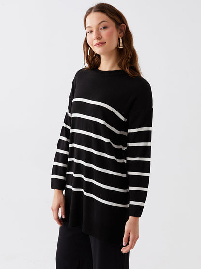 Crew Neck Striped Long Sleeve Oversize Women's Knitwear Tunic