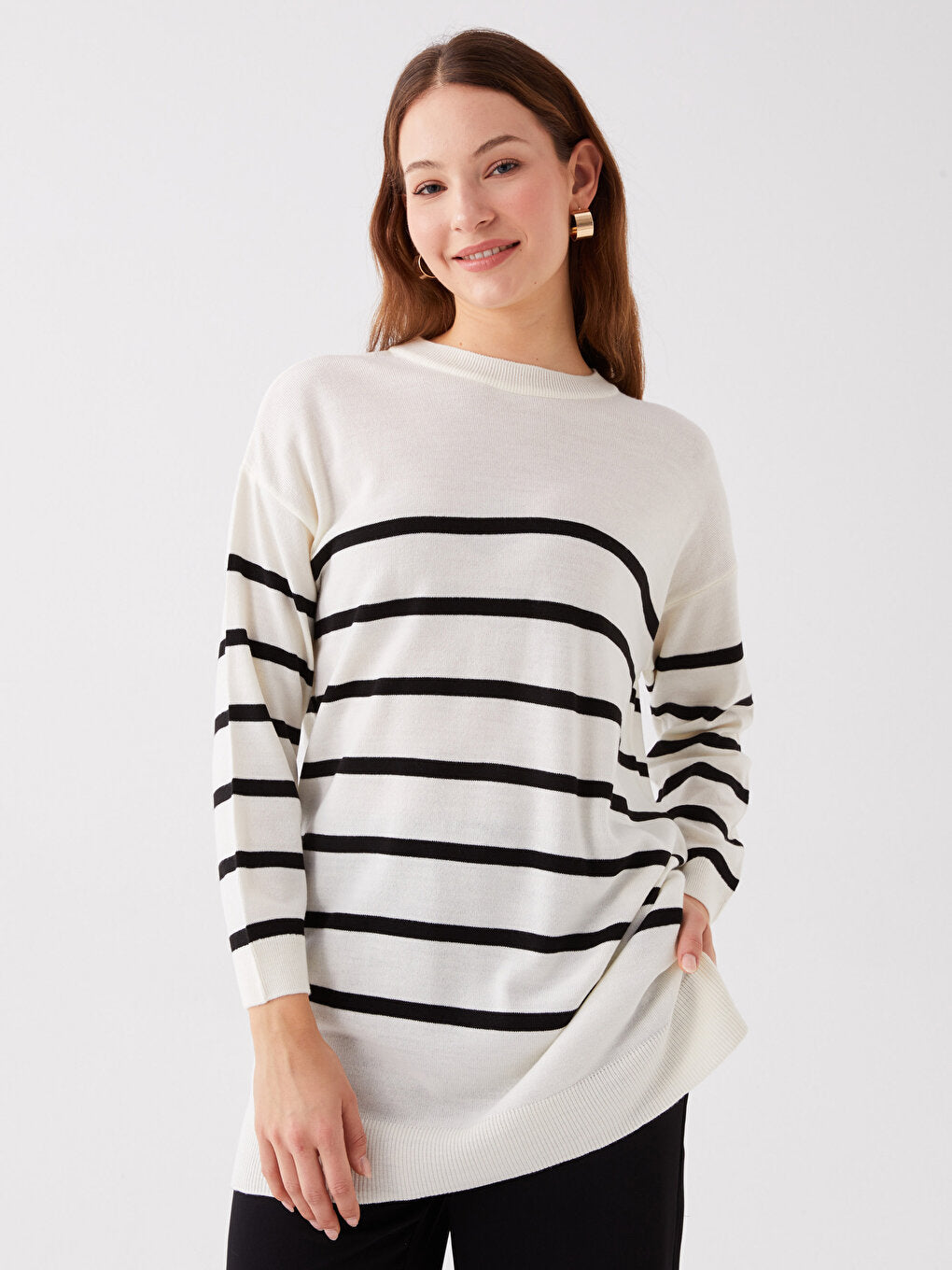 Crew Neck Striped Long Sleeve Oversize Women's Knitwear Tunic