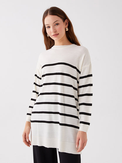 Crew Neck Striped Long Sleeve Oversize Women's Knitwear Tunic