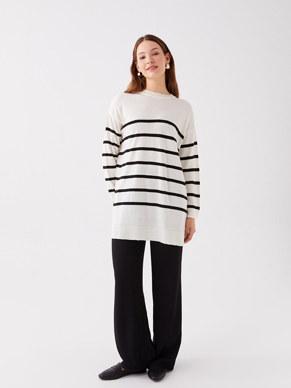 Crew Neck Striped Long Sleeve Oversize Women's Knitwear Tunic