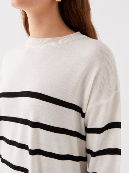 Crew Neck Striped Long Sleeve Oversize Women's Knitwear Tunic