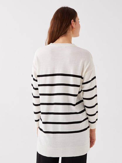 Crew Neck Striped Long Sleeve Oversize Women's Knitwear Tunic