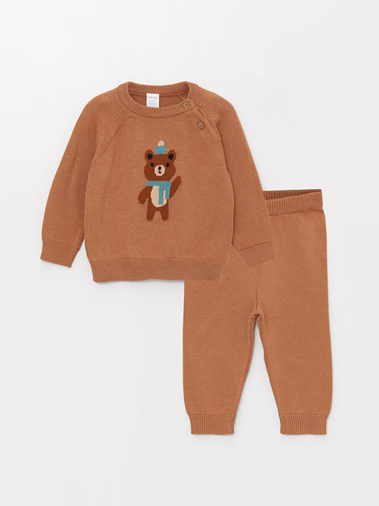 Crew Neck Long Sleeve Patterned Baby Boy Knitwear Sweater and Trousers 2-Piece Set