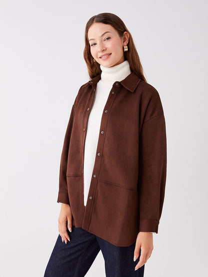 Plain Long Sleeve Oversize Suede Women's Shirt Jacket