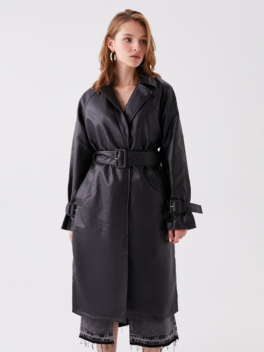 Jacket Collar Plain Long Sleeve Leather Look Women's Trench Coat