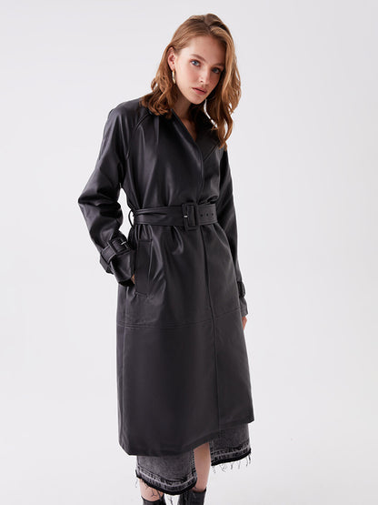 Jacket Collar Plain Long Sleeve Leather Look Women's Trench Coat