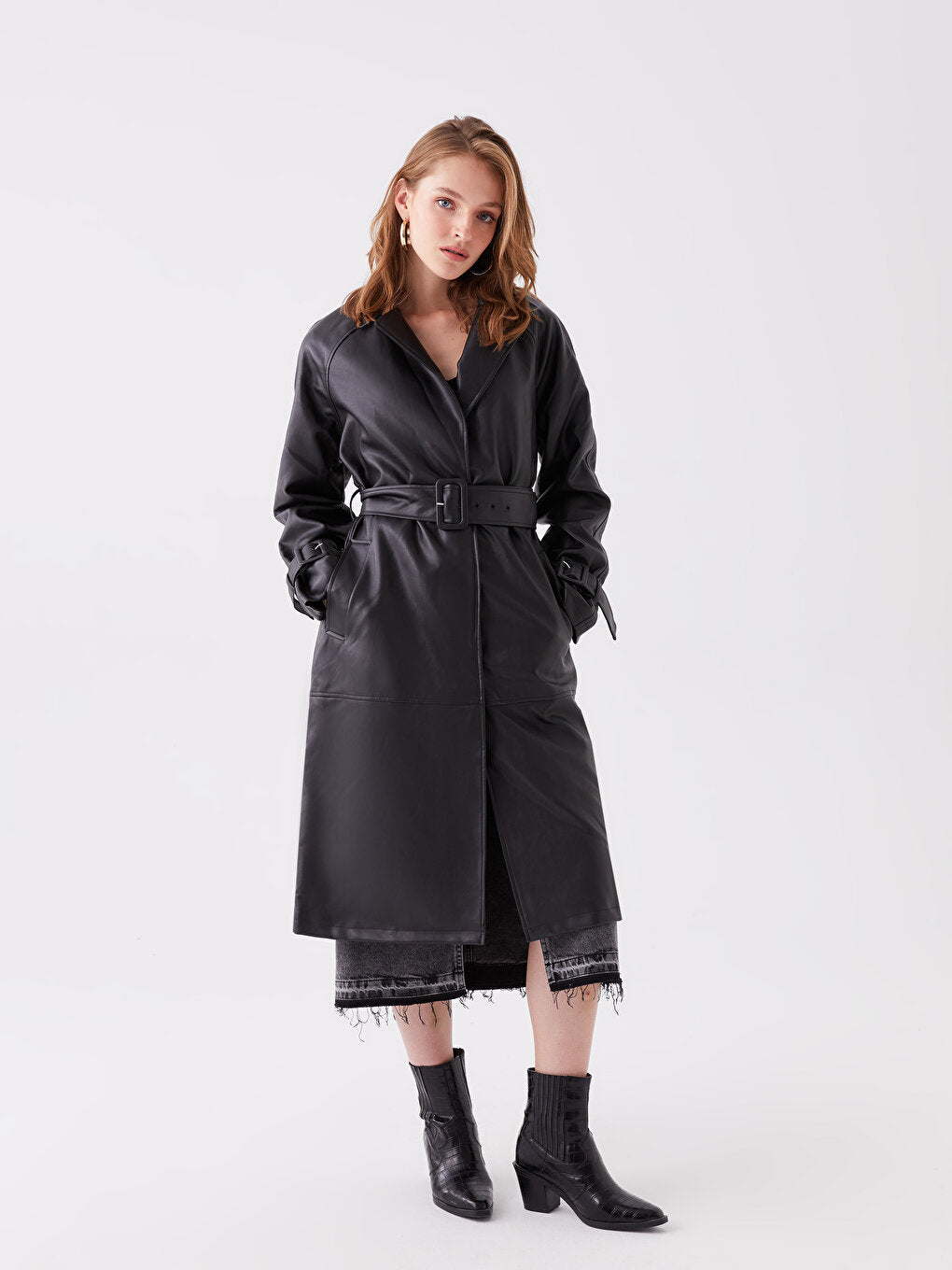 Jacket Collar Plain Long Sleeve Leather Look Women's Trench Coat