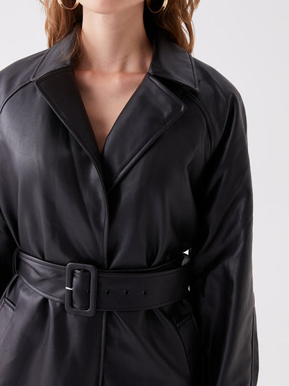 Jacket Collar Plain Long Sleeve Leather Look Women's Trench Coat