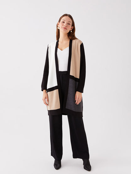 Shawl Collar Color Blocked Long Sleeve Women's Knitwear Cardigan