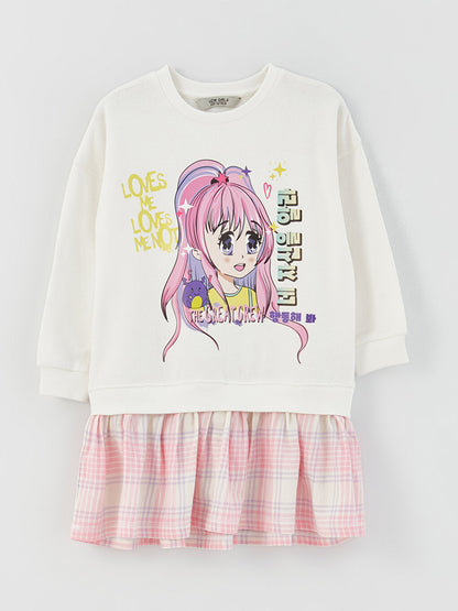 Crew Neck Printed Long Sleeve Girl's Dress