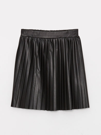 Leather Look Pleated Girl's Skirt with Elastic Waist