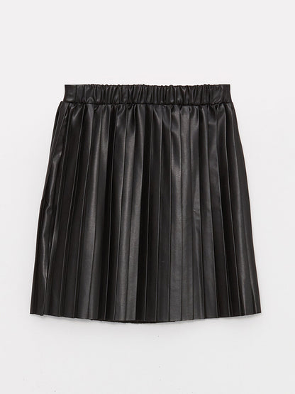 Leather Look Pleated Girl's Skirt with Elastic Waist