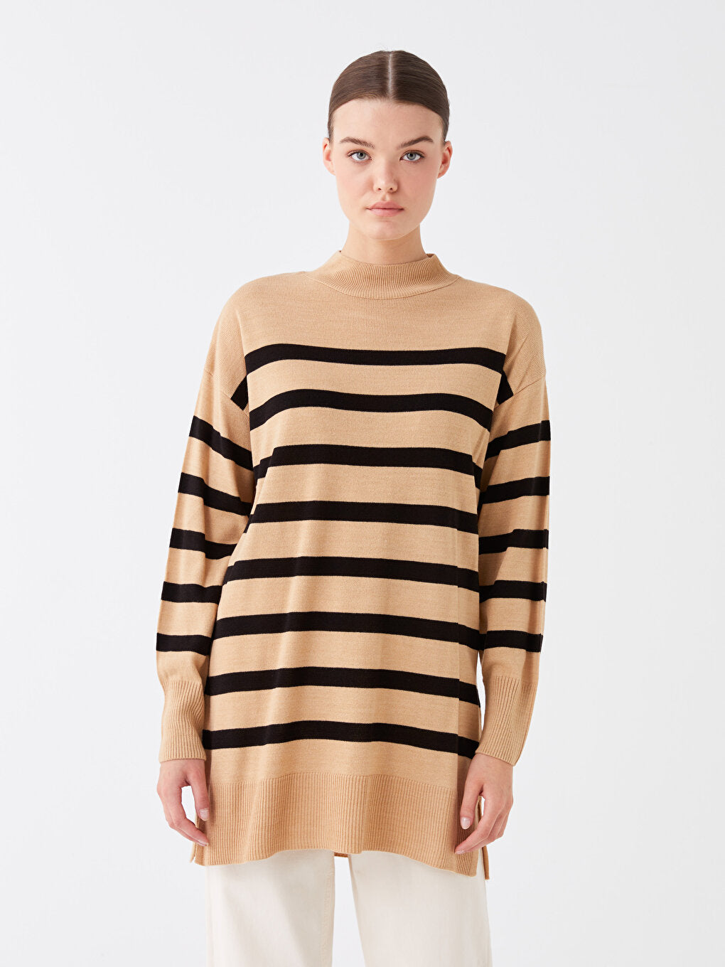 Half Turtleneck Striped Long Sleeve Women's Knitwear Tunic