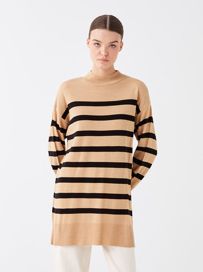 Half Turtleneck Striped Long Sleeve Women's Knitwear Tunic