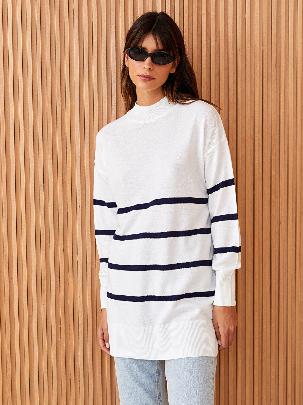 Half Turtleneck Striped Long Sleeve Women's Knitwear Tunic