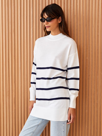 Half Turtleneck Striped Long Sleeve Women's Knitwear Tunic