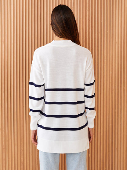 Half Turtleneck Striped Long Sleeve Women's Knitwear Tunic