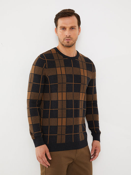 Crew Neck Long Sleeve Plaid Men's Knitwear Sweater